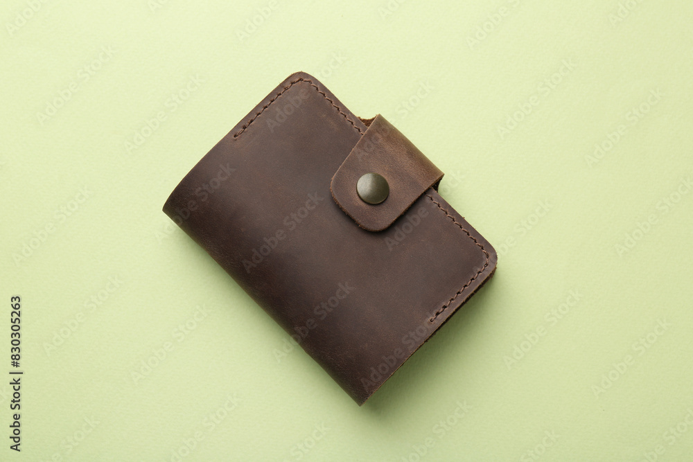 Leather card holder on light green background, top view Leather card holder on light green background, top view