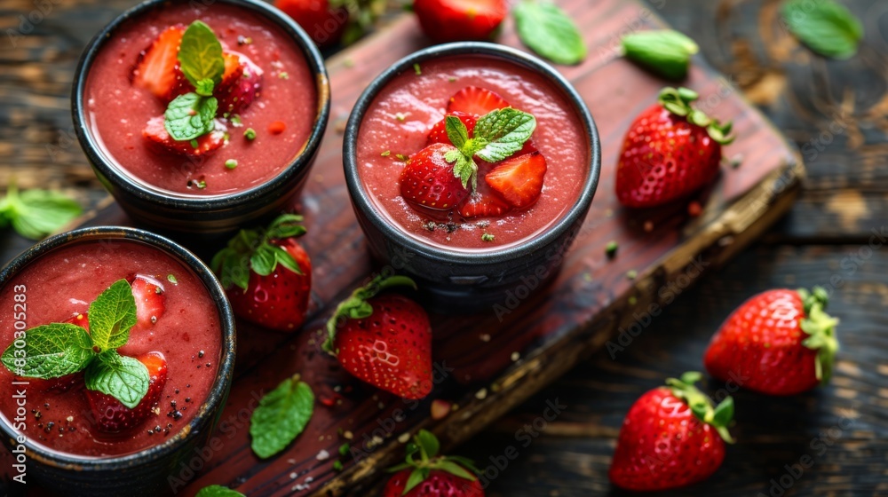 Top view of fresh strawberry gazpacho in bowls garnished with mint, on a wooden board with whole strawberries. Top view of fresh strawberry gazpacho in bowls garnished with mint, on a wooden board with whole strawberries.