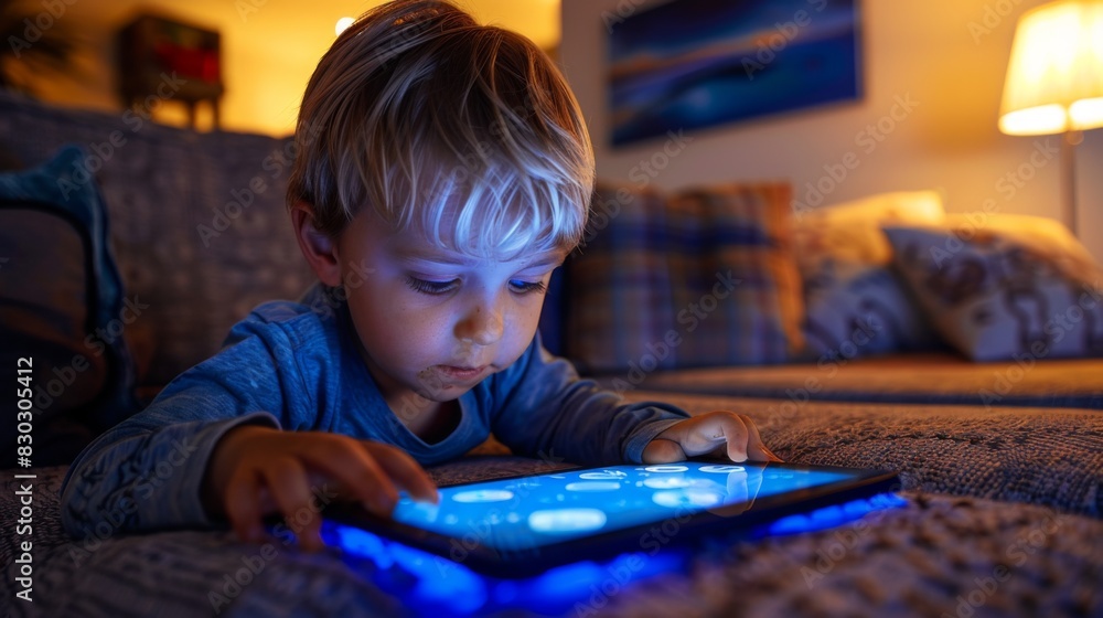 A young boy is focused on using a digital tablet in a dimly lit living room, with glowing screen reflected on his face. A young boy is focused on using a digital tablet in a dimly lit living room, with glowing screen reflected on his face.