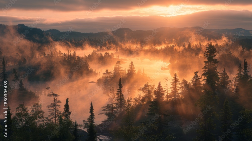 A serene sunrise over a misty lake surrounded by dense forests, with light rays piercing through the trees. A serene sunrise over a misty lake surrounded by dense forests, with light rays piercing through the trees.