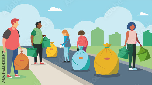 A rainbow of trash bags lining the sidewalks as people diligently collect garbage and recyclables.. Vector illustration