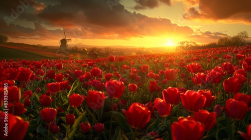 A stunning view of a colorful red tulip field at sunset with a traditional Dutch windmill in the backdrop.