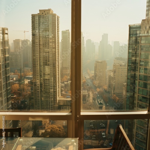 A city view from a window with a lot of tall buildings