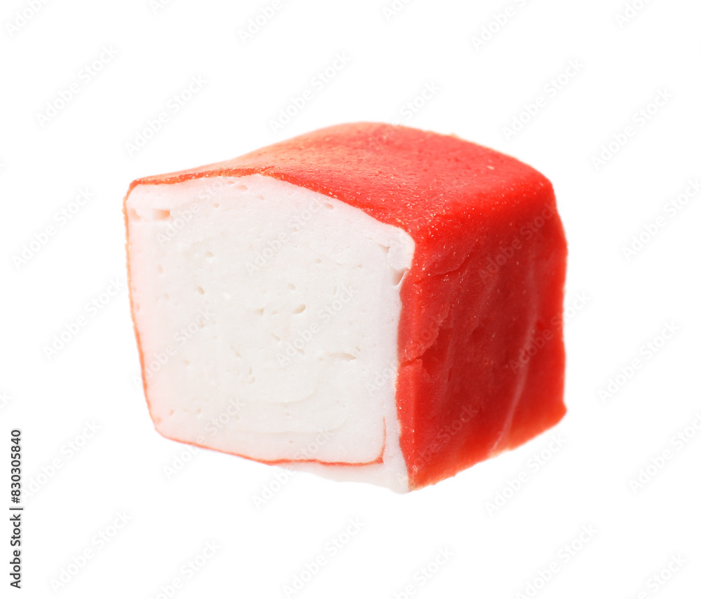 Piece of tasty crab stick isolated on white Piece of tasty crab stick isolated on white