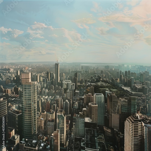 A city skyline with a tall building in the middle