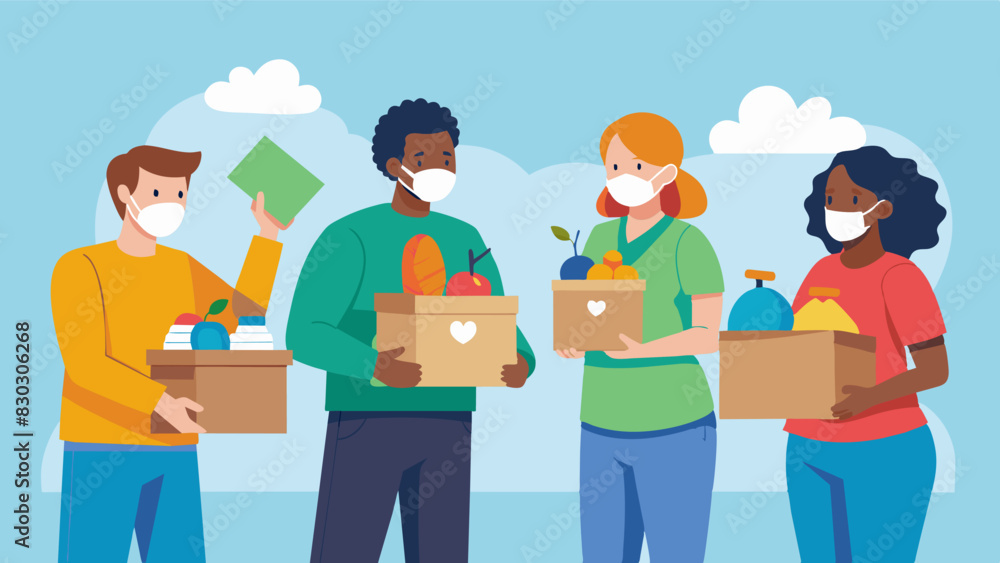 During the pandemic volunteers at the food bank go above and beyond to ensure their neighbors have access to essential items showing true acts of compassion and support during. Vector illustration During the pandemic volunteers at the food bank go above and beyond to ensure their neighbors have access to essential items showing true acts of compassion and support during. Vector illustration