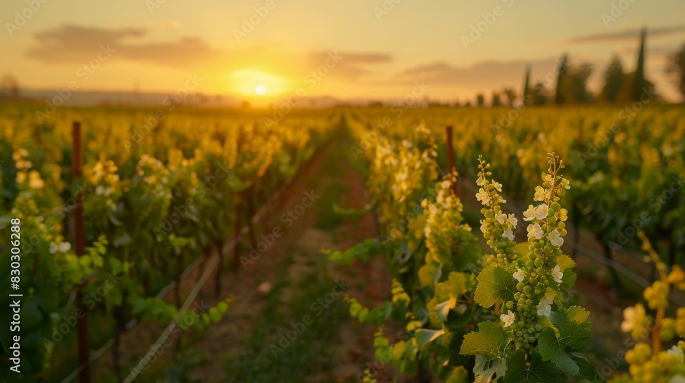 Fototapeta premium Close-up of vineyard at sunset with vibrant green leaves and blooms under a soft golden light.