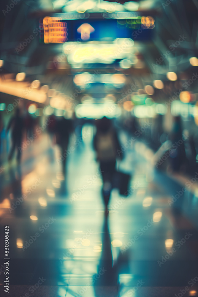 Blurred background of a modern airport. Abstract motion, blurred people moving suitcases, signs and lights in background. Travel concept.