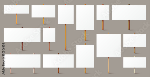Blank white protest sign with wooden holder. Various realistic vector demonstration banners. Strike action cardboard placard mockup. Social advertisement. Vector illustration