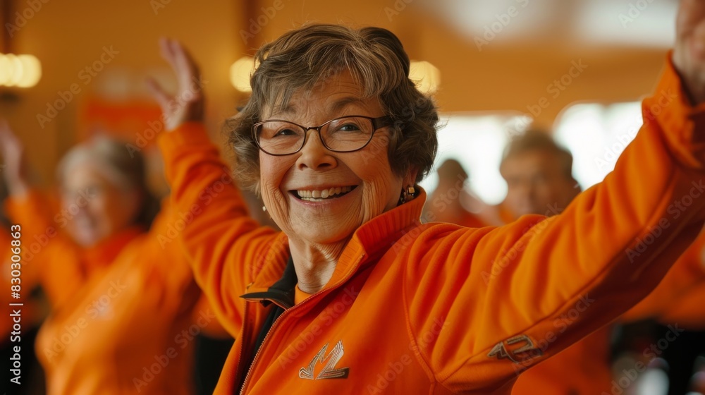 A cheerful senior woman in an orange jacket smiles while stretching her arms up during a group exercise session. A cheerful senior woman in an orange jacket smiles while stretching her arms up during a group exercise session.