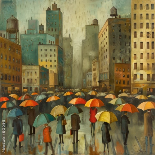A painting of a city street with people walking under umbrellas © Chawakorn