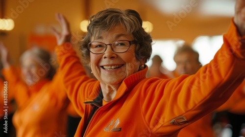 A cheerful senior woman in an orange jacket smiles while stretching her arms up during a group exercise session.