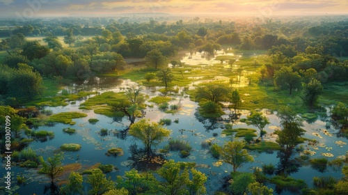 A serene sunset casts a warm glow over the lush wetland of the Turiec River in Slovakia  highlighting the scattered water bodies and greenery.