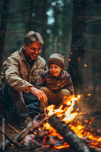 Father with a little boy sitting by a bonfire on warm summer night. Active family leisure with children. Hiking and trekking on a nature trail.