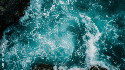 Aerial view of turbulent turquoise waters with swirling patterns and rocky edges.