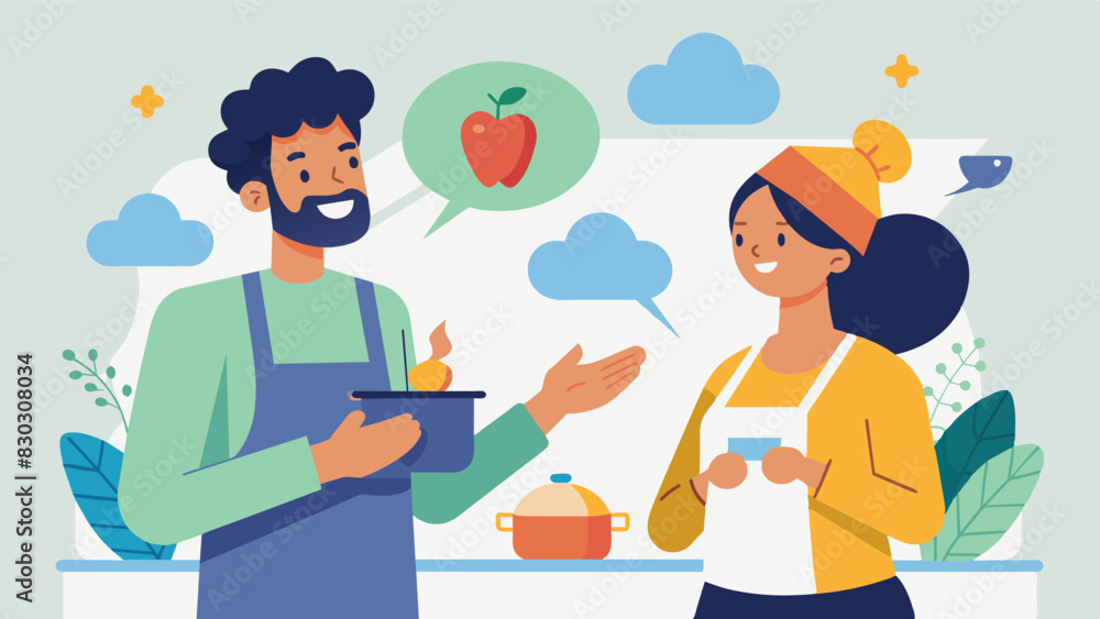 A volunteer takes time to explain the ingredients and cooking process of a particular dish to a curious community member sparking conversations and connections over a shared love. Vector illustration A volunteer takes time to explain the ingredients and cooking process of a particular dish to a curious community member sparking conversations and connections over a shared love. Vector illustration