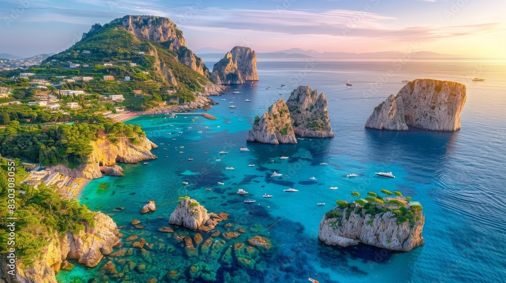 Aerial view of a scenic Mediterranean coastline at sunset with rugged cliffs and clear turquoise waters.