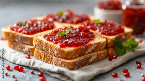 Toast with red jam garnished with mint on a cloth, with pomegranate seeds and a jar of jam in the background.