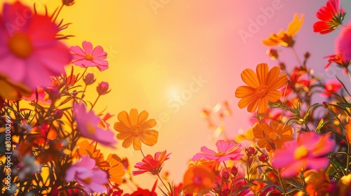 Vibrant blooming flowers in a beautiful sunrise setting with vivid pop-art style colors