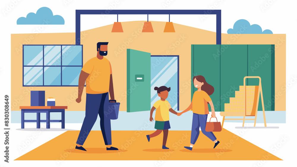 A parent and child walking around a school gym exploring different booths set up by afterschool program providers.. Vector illustration A parent and child walking around a school gym exploring different booths set up by afterschool program providers.. Vector illustration