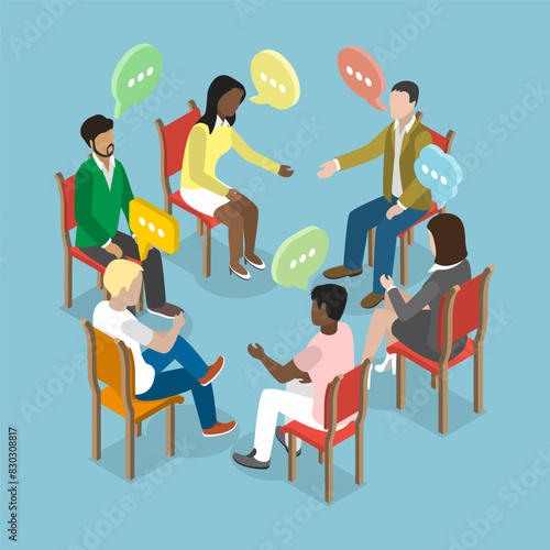 3D Isometric Flat Vector Illustration of Discussion Circle, Psychology Therapy