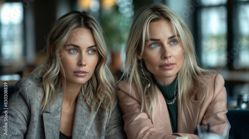 Two professional women with serious expressions seated indoors  possibly colleagues in an office setting.