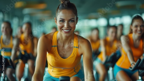 A smiling group of women in vibrant sportswear engaged in an indoor cycling class. © neatlynatly