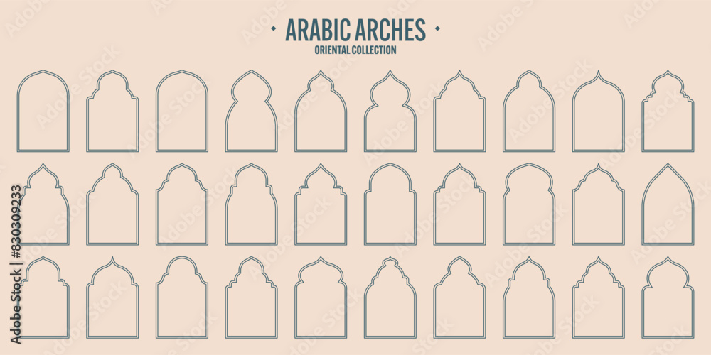 Islamic frames, oriental style objects. Arabic shapes, windows and arches. Traditional ornamental banner, frame. Muslim holidays, Ramadan Kareem. Modern eastern architecture. Vector illustration Islamic frames, oriental style objects. Arabic shapes, windows and arches. Traditional ornamental banner, frame. Muslim holidays, Ramadan Kareem. Modern eastern architecture. Vector illustration