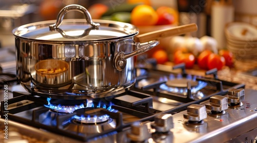 A shiny stainless steel pot on a gas stove with a blue flame, wooden handle visible, in a kitchen setting.