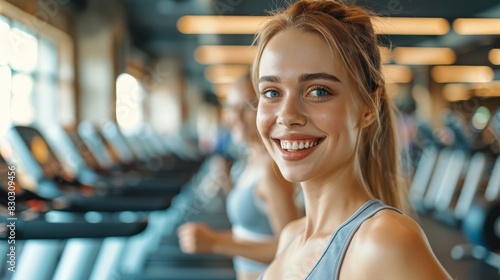 Two young adults smiling in a gym after a treadmill workout, embodying health and vitality. © neatlynatly