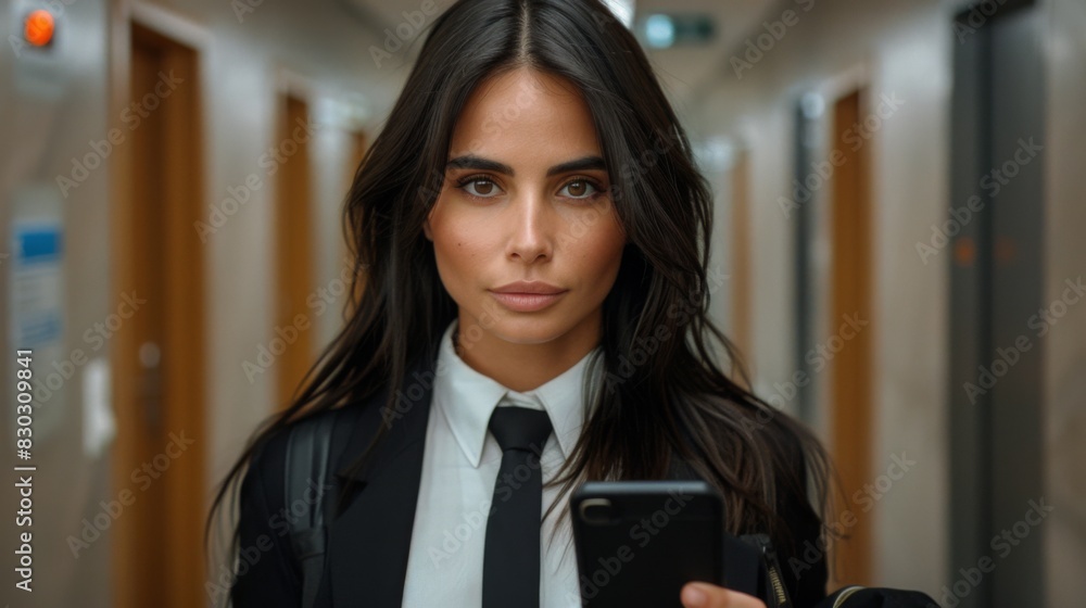 A professional businesswoman appears contemplative while holding a mobile phone in an office corridor. A professional businesswoman appears contemplative while holding a mobile phone in an office corridor.