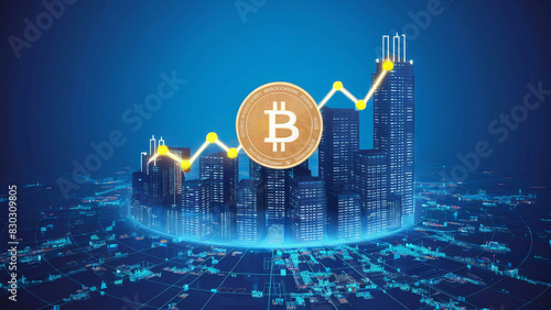 Digital cryptocurrency market: Bitcoin blockchain, rising trends, and encrypted digital currency technology, blue city backdrop
