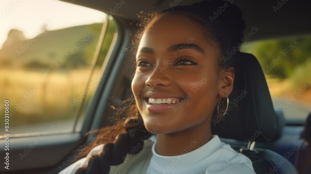 A smiling young woman is enjoying a drive in her car with sunlight illuminating her face, creating a warm atmosphere. A smiling young woman is enjoying a drive in her car with sunlight illuminating her face, creating a warm atmosphere.