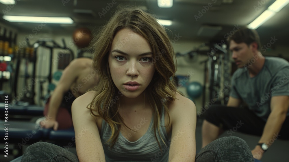 Fototapeta premium A focused young woman exercises in a gym with a fitness trainer assisting her, surrounded by workout equipment.