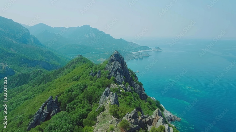 Aerial view of Demergy Mountain with lush greenery and blue water beside it, showcasing a serene landscape. Aerial view of Demergy Mountain with lush greenery and blue water beside it, showcasing a serene landscape.