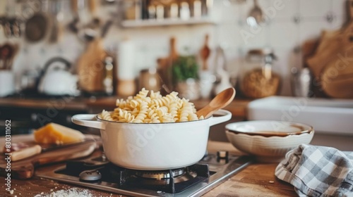 A white cooking pot filled with pasta on an induction cooktop in a kitchen setting. photo