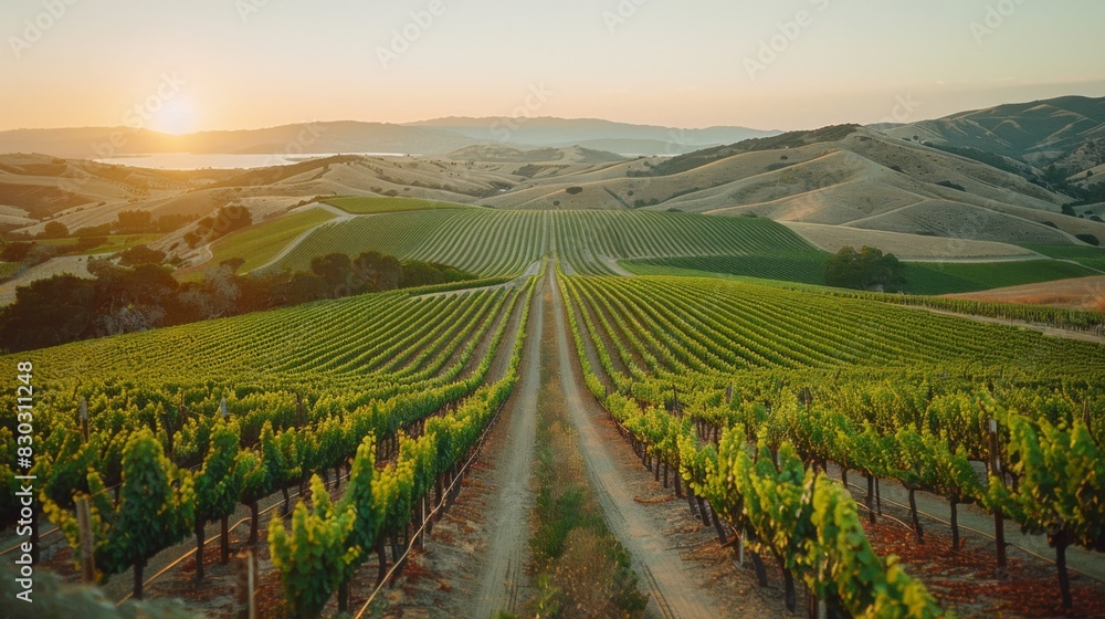 Sunset over a scenic vineyard in California with rolling hills in the background and lush grapevines. Sunset over a scenic vineyard in California with rolling hills in the background and lush grapevines.