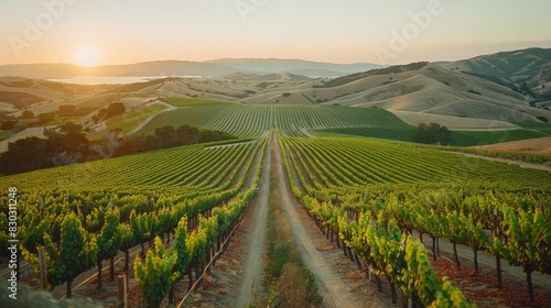 Sunset over a scenic vineyard in California with rolling hills in the background and lush grapevines.