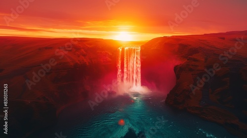 Aerial view of Seljalandsfoss waterfall at sunset with vivid colors and dramatic sky.