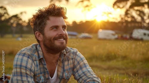 A man enjoys a sunset while camping, with RVs in the background and a warm glow on his face.