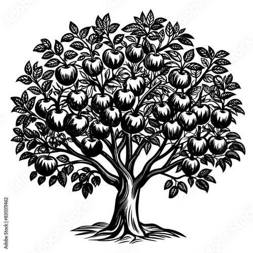 Stylized vector illustration featuring a dense apple tree silhouette with bountiful fruit, depicting traditional farming and agriculture themes photo