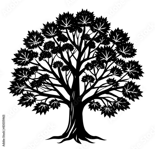 Silhouette farm tree for farming, agriculture. Tranquil and timeless illustration of a majestic farm tree silhouette in black and white, isolated in a serene and peaceful natural environment © Casoalfonso