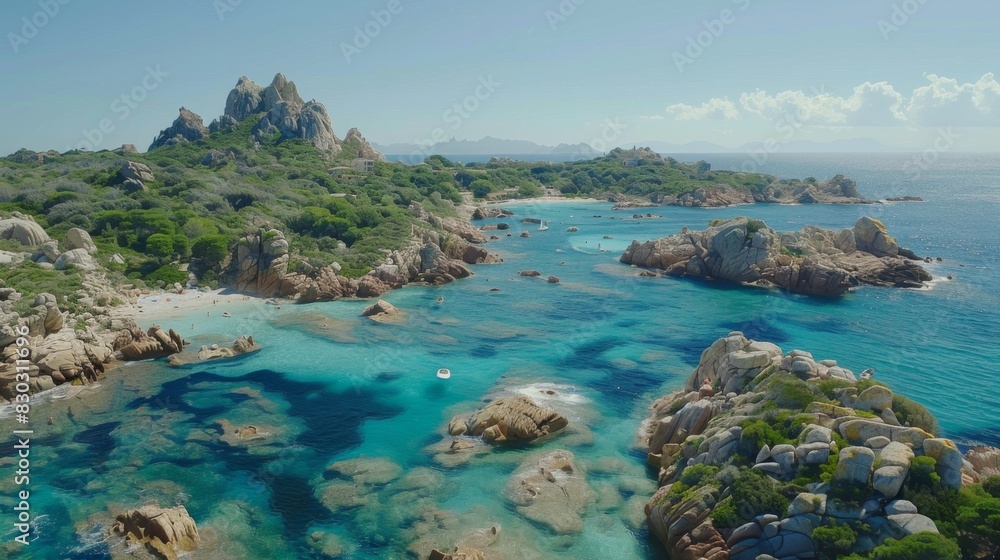 Aerial view of Porto Giunco beach with its clear turquoise waters and rocky coastline in Villasimius, Sardinia. Aerial view of Porto Giunco beach with its clear turquoise waters and rocky coastline in Villasimius, Sardinia.