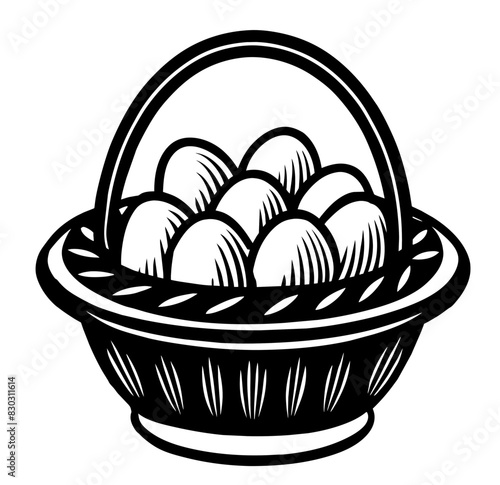 Black and white illustration of a woven basket filled with farmfresh eggs, symbolizing ecofriendly agricultural produce