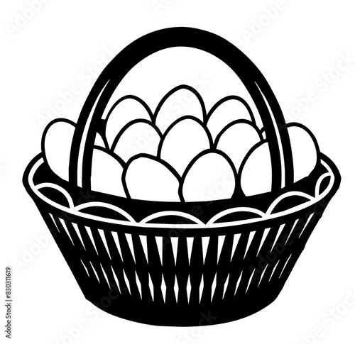 Simple black and white illustration depicting a wicker basket filled with farmfresh, ecofriendly eggs, symbolizing sustainable agriculture