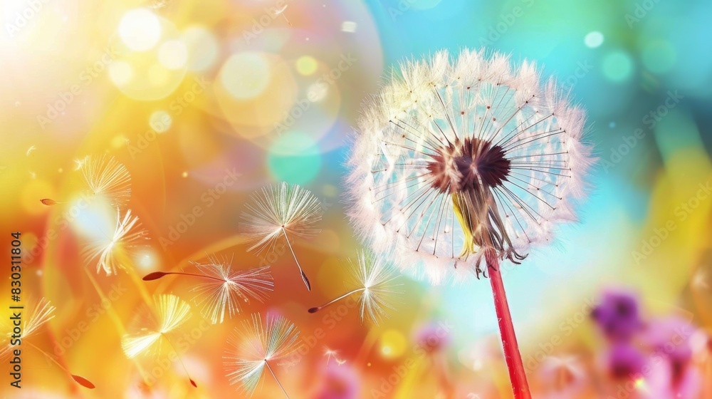Dandelion seeds in the sunlight blowing away across a colorful background Dandelion seeds in the sunlight blowing away across a colorful background