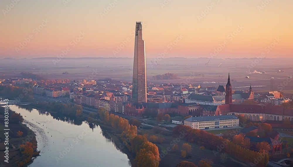 Naklejka premium Gleaming glass tower shines as beacon of contemporary design amidst historic structures in old town