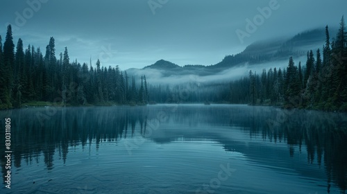 Misty lake surrounded by forest with fog hovering above water and trees  in a serene  cinematic landscape.