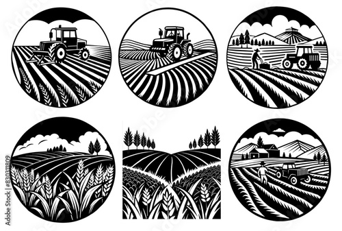Black and white illustration set of a farmer working the fields with a tractor in a backdrop of ecofriendly farming landscape. Farm scenes captured in a circular vintage linocut style logo