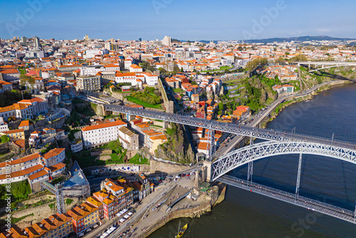 European city Porto with Luis I Bridge over Douro river in Portugal, aerial view photo